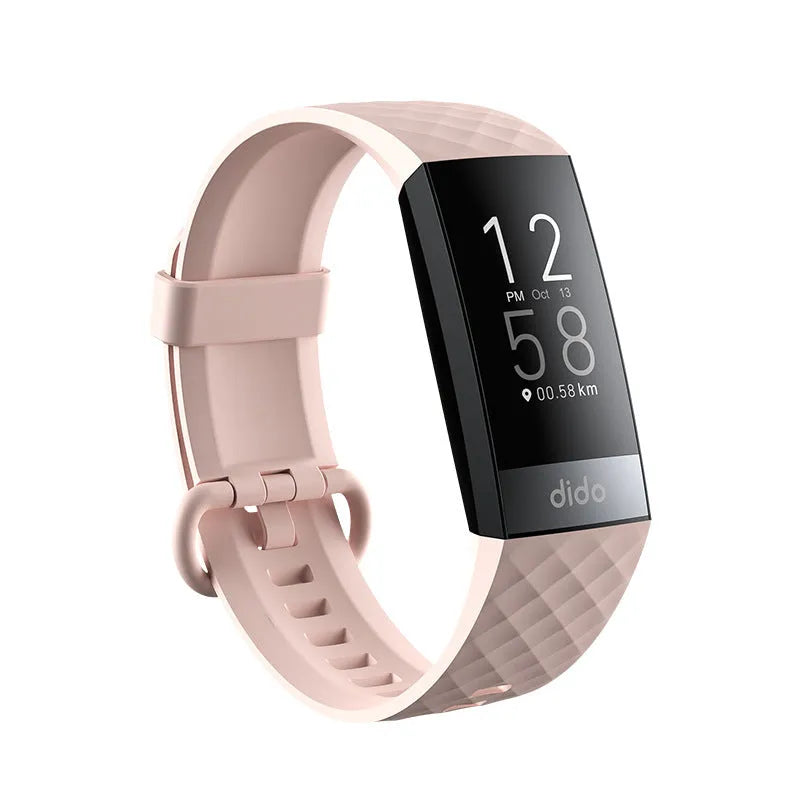 Black smart bracelet with screen showing blood pressure and heart rate data on a wrist.