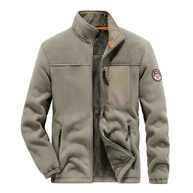 Men's solid colour fleece cardigan jacket with zipper pockets in grey, showing full-zip front and collar