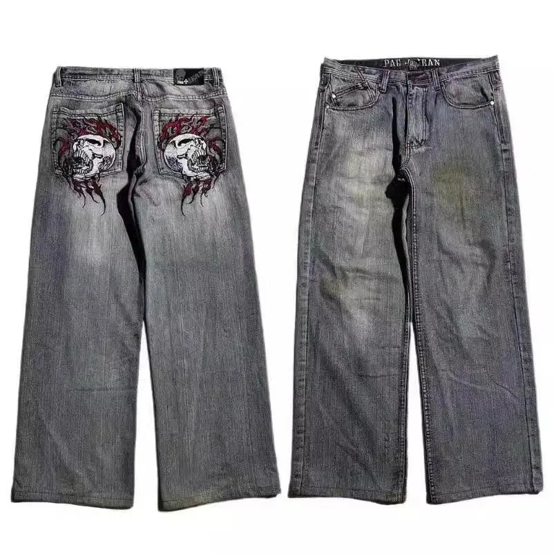 Men's grey washed-out wide-leg jeans with straight cut and American retro styling
