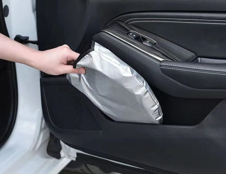 Titanium silver aluminium foil car sunshade showing reflective surface and rectangular shape