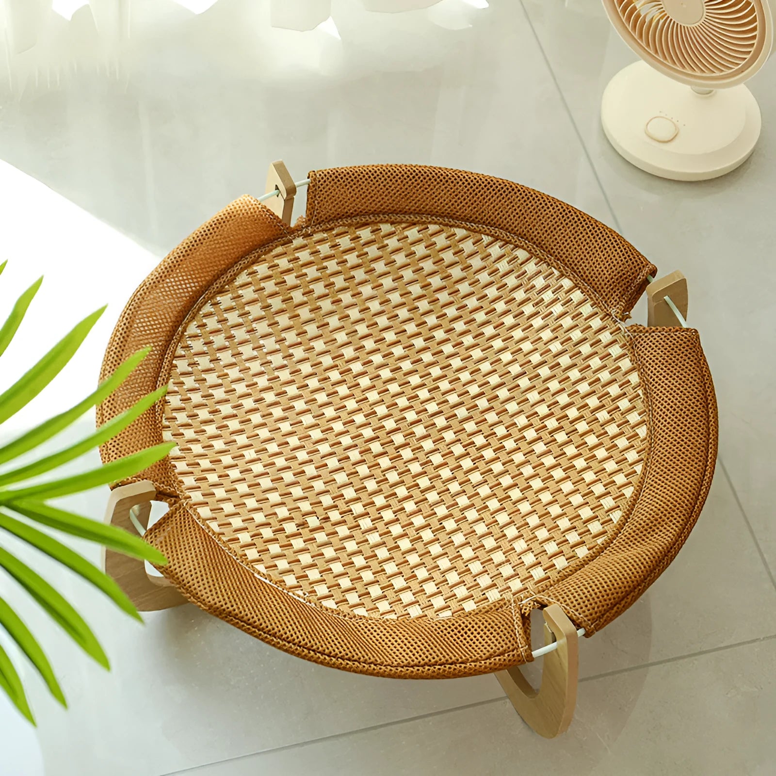 Brown woven rattan pet hammock bed measuring 46cm with off-ground design for cats and dogs