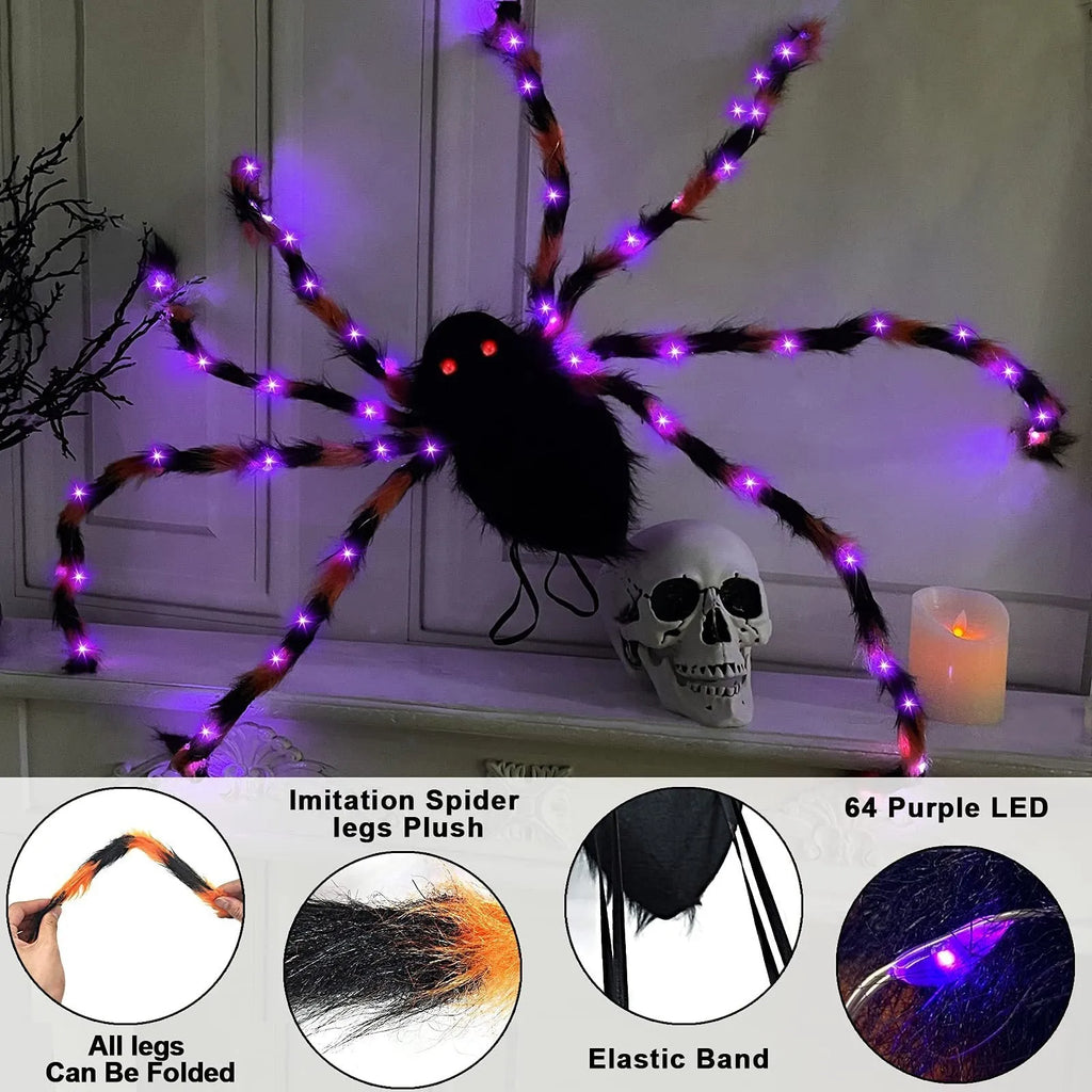 Halloween spider backpack with LED lights in orange purple glow colour showing backpack straps and spider design