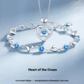Blue diamond heart pendant necklace and matching bracelet set with geometric design on copper with electroplated finish