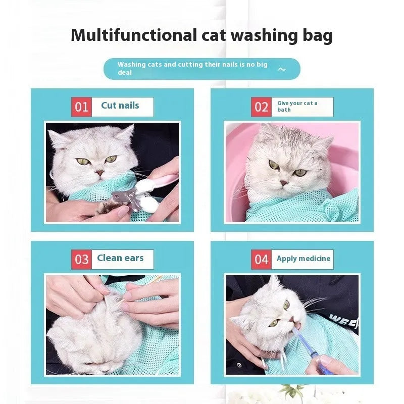 Cat grooming bag with zipper closure and detachable mesh panels for secure pet containment