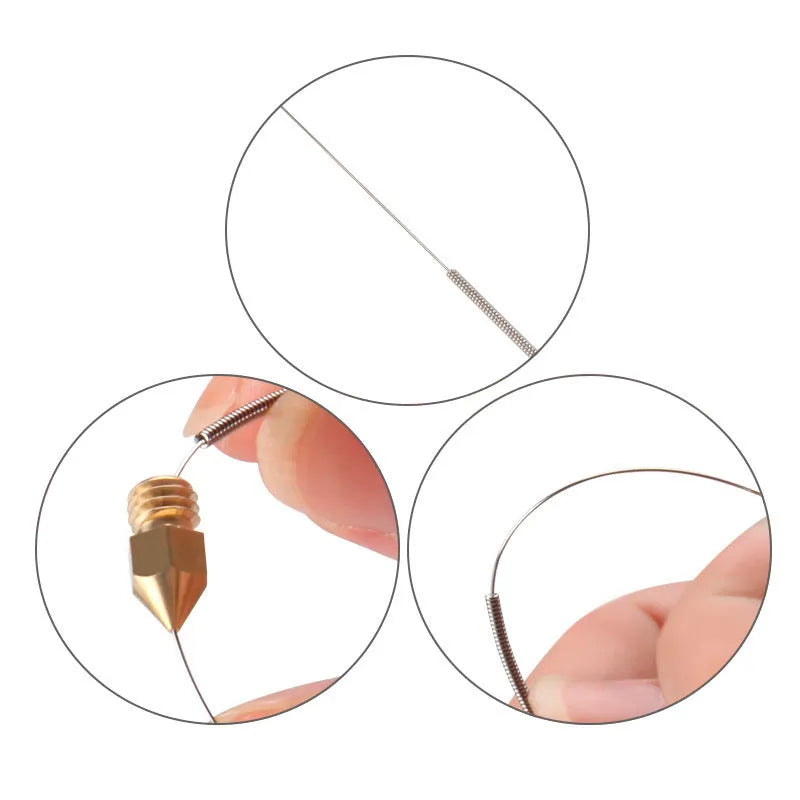 Ten Mk8 E3D compatible nozzle cleaning needles in a pack for 3D printer maintenance