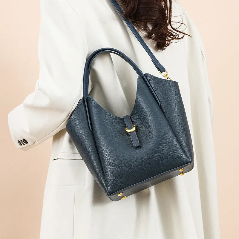 Genuine leather women's bucket bag in European and American retro style with file organisation