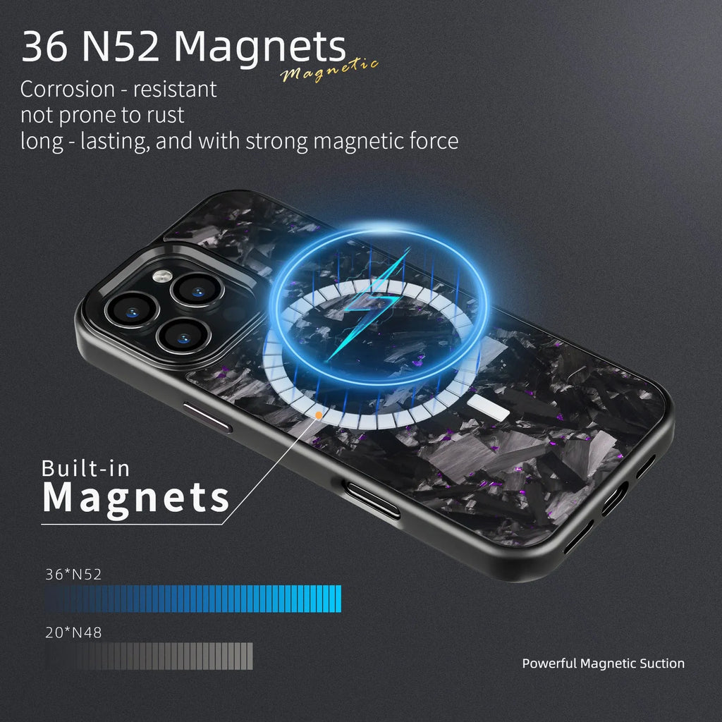 Metal frame forged pattern carbon fibre iPhone 17 protective case with magnetic attachment in black frame blue gold colour