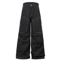 Black multi-pocket pleated denim workwear jeans for teenagers front view
