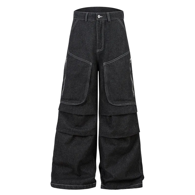 Black multi-pocket pleated denim workwear jeans for teenagers front view