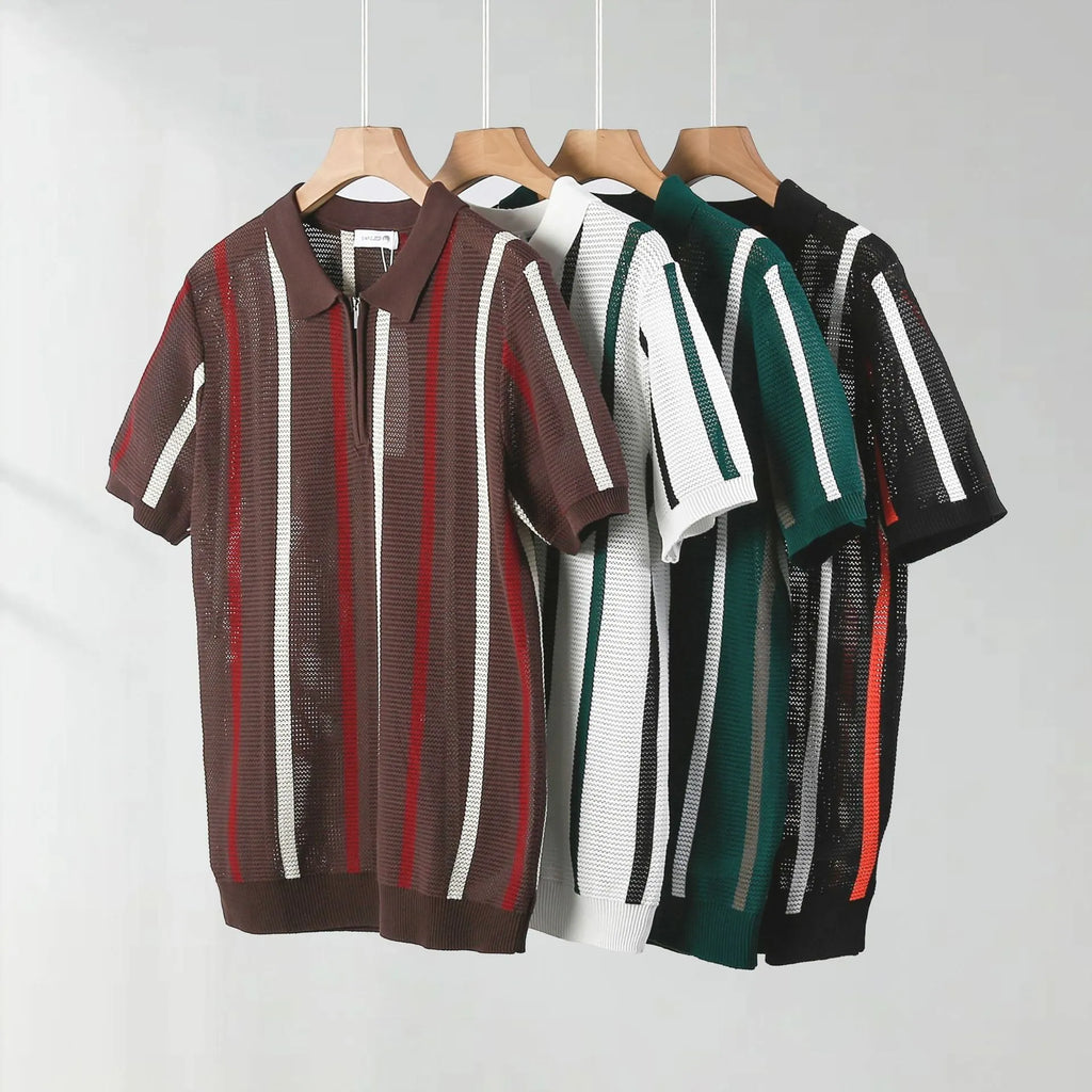 Hollow mesh short-sleeved knitting polo shirt in ice silk fabric with zipper detail, loose fit, summer casual wear