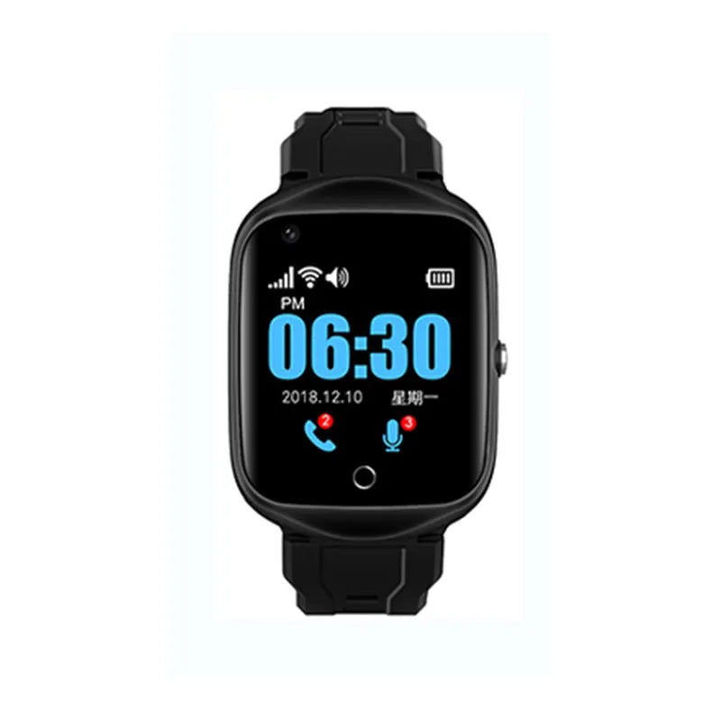 Black elderly safety smartwatch with square 1.3-inch screen and silicone strap, showing intelligent positioning interface.