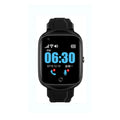 Black elderly safety smartwatch with square 1.3-inch screen and silicone strap, showing intelligent positioning interface.