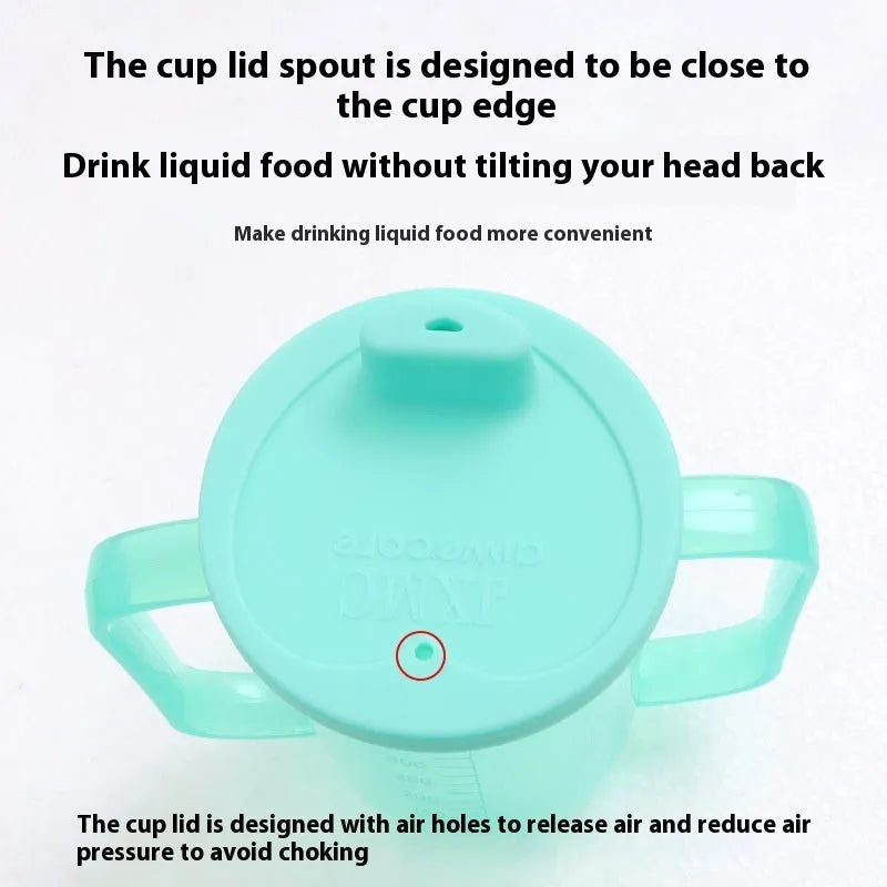 Oblique mouth choke-proof drinking cup for bed-bound adults with optional wrist splint attachment