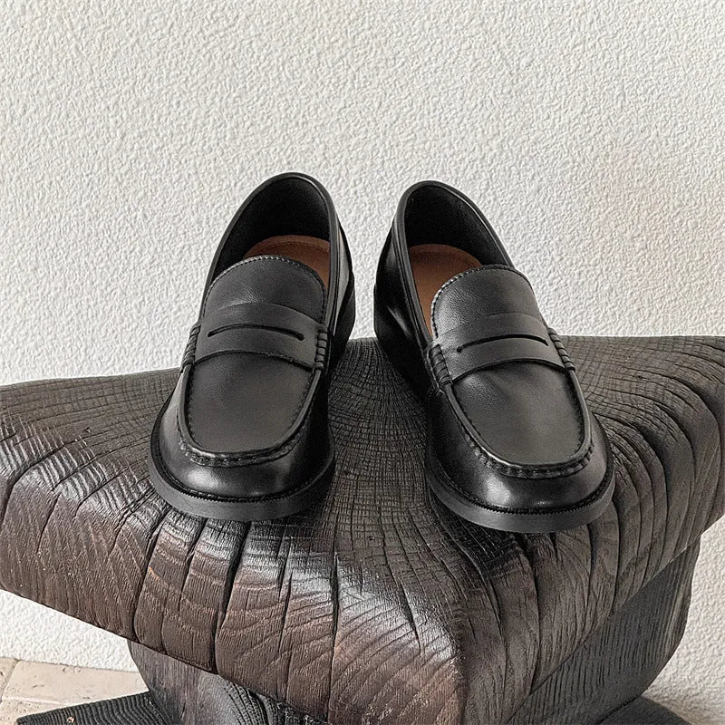 Men's unisex slip-on retro business casual shoes in black, beige, apricot, and brown microfiber with rubber sole