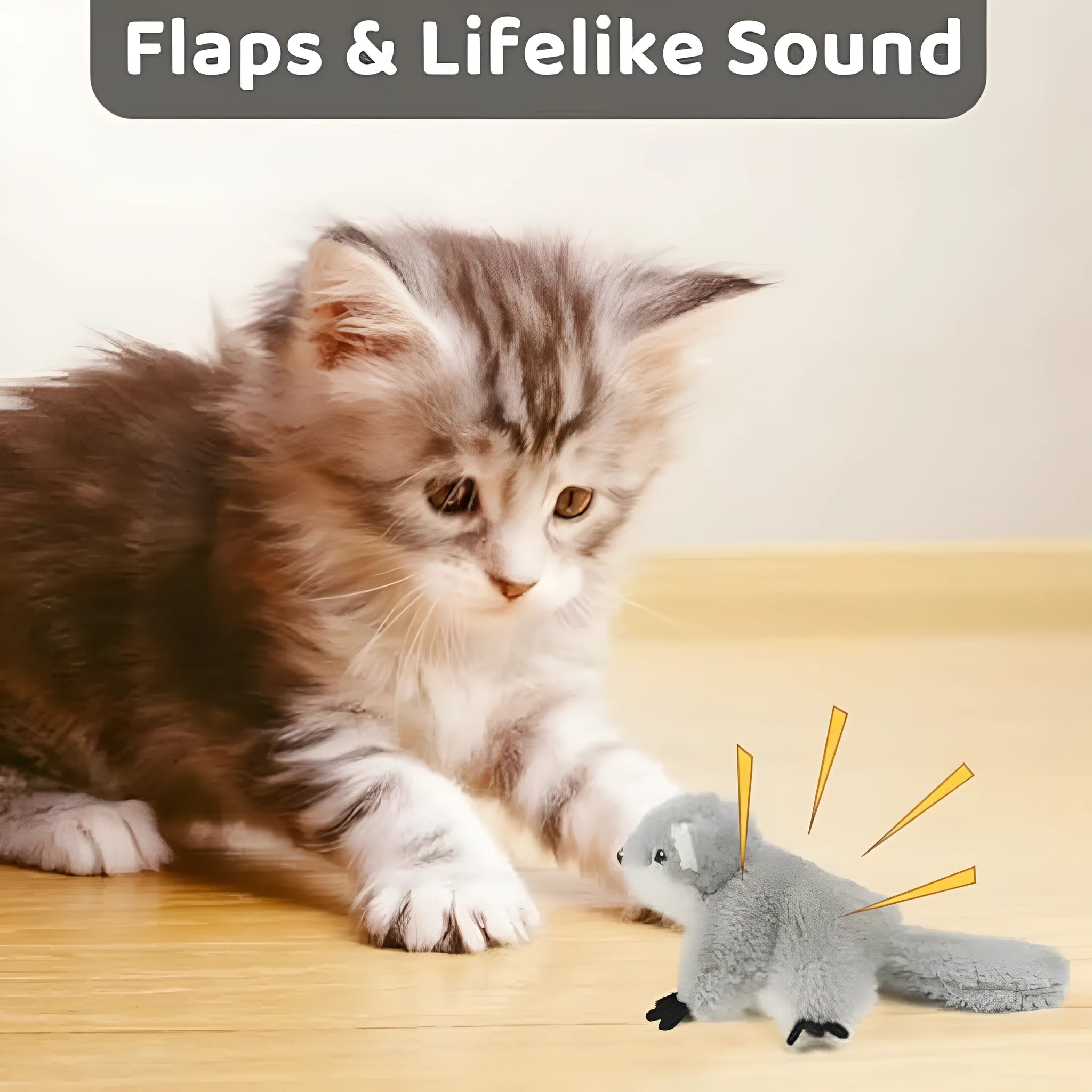 Gray flapping squirrel cat toy with wings open, USB rechargeable, containing catnip