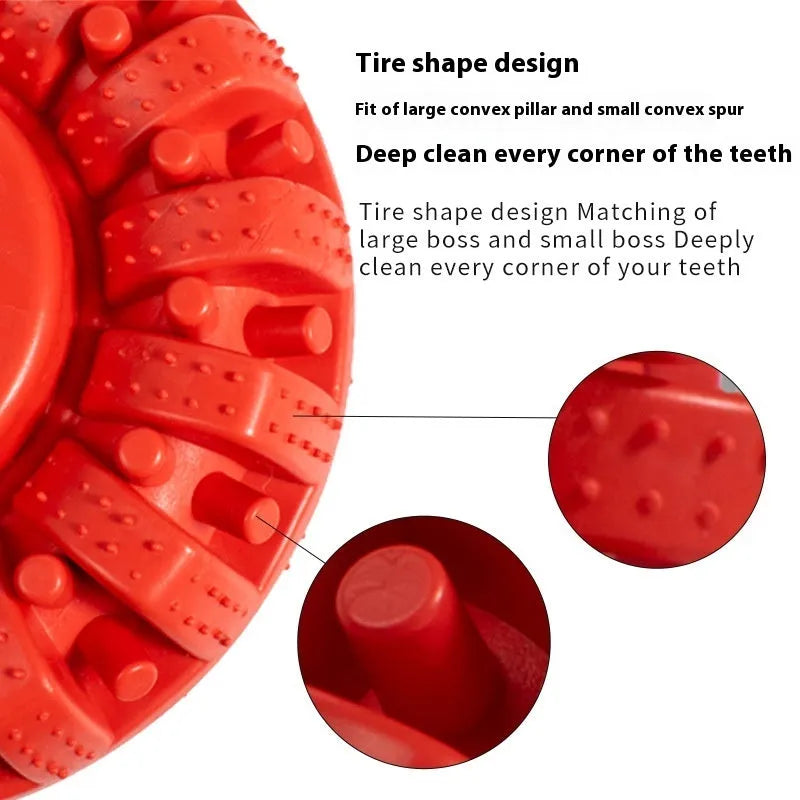 Black and red TPR dog food leakage tyre toy on surface, 14x5cm size