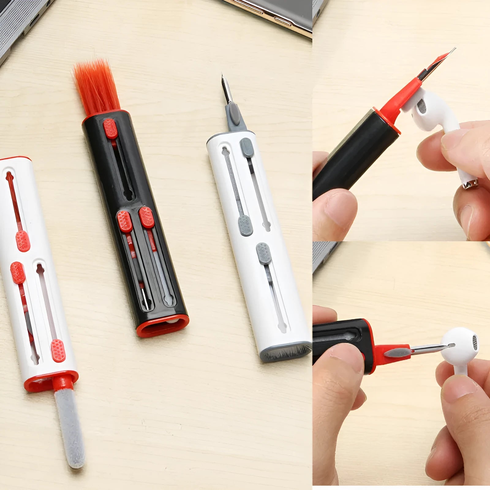 Cleaning pen for AirPods and Bluetooth earbuds with four heads including brush and sponge, in black and red colour