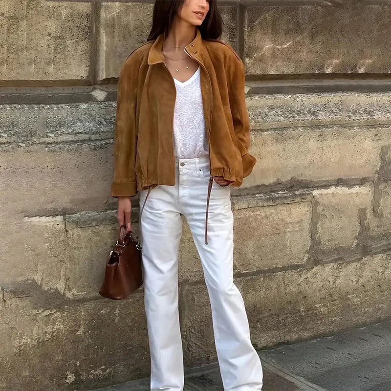 Retro solid colour loose fit polyester jacket in European and American style