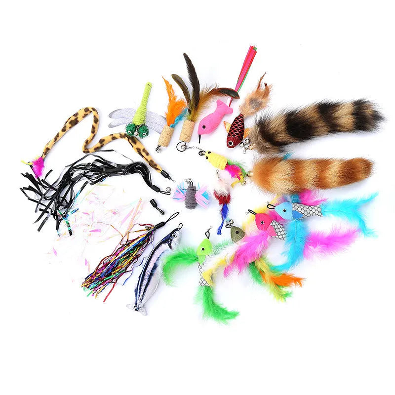 Multi-colour cat fishing rod toy set with telescopic poles and feather attachments