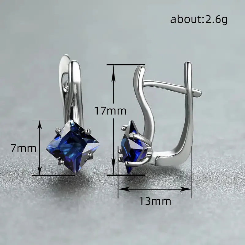 Women's copper earrings with inlaid zircon diamond design in blue, green and colour options