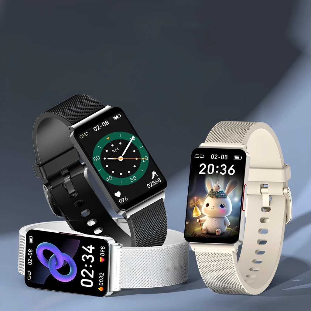 EP08 smart fitness tracker bracelet with touch screen and TPU strap in black, gold, or silver