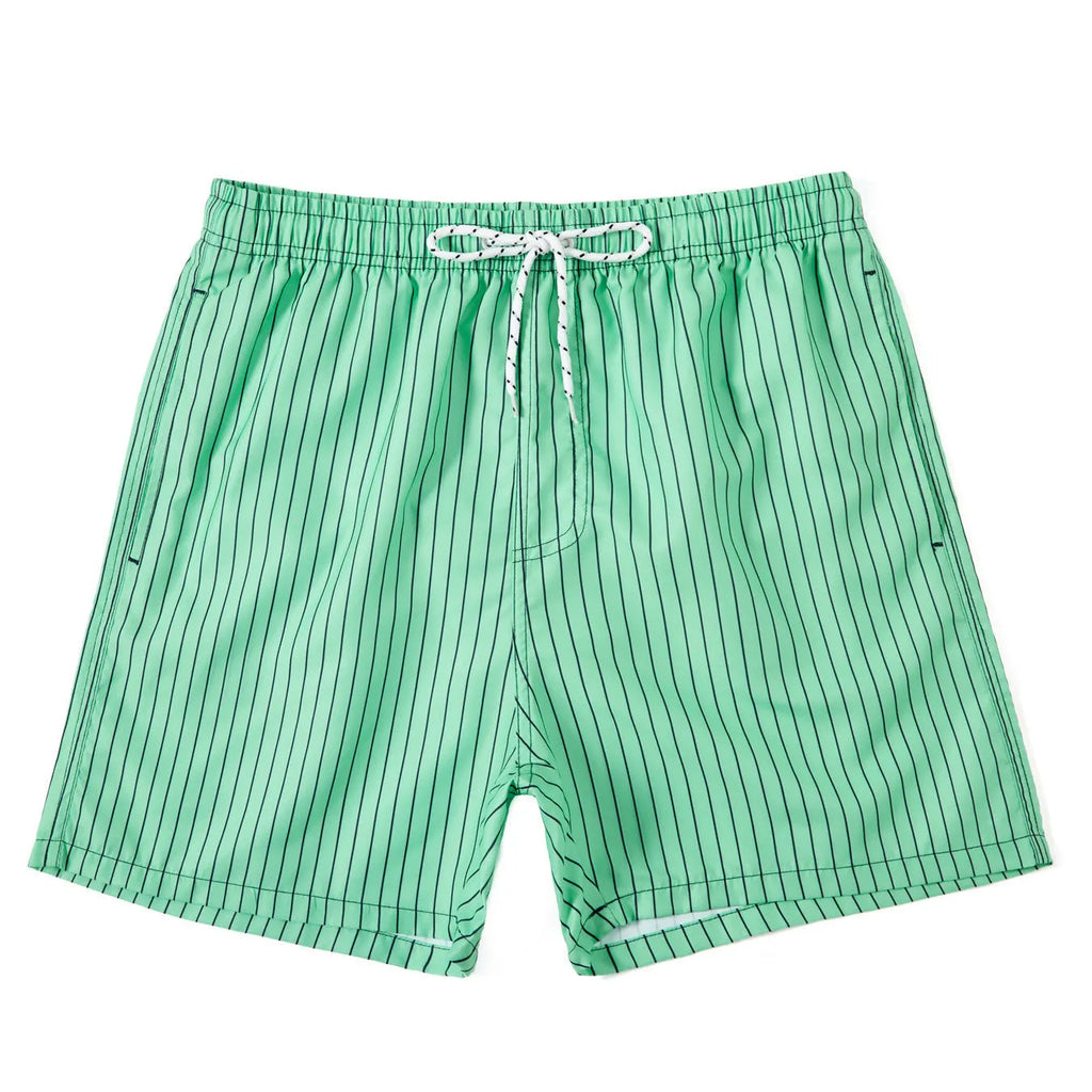 Men's navy blue striped beach shorts with triangle lining and straight leg opening