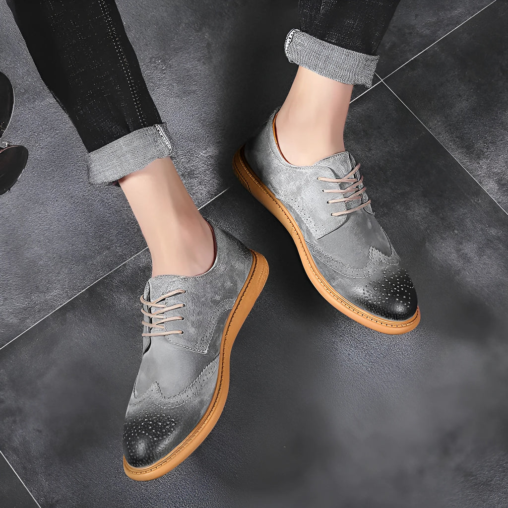 Men's black genuine leather low-top business shoes with lace-up front and rubber sole.