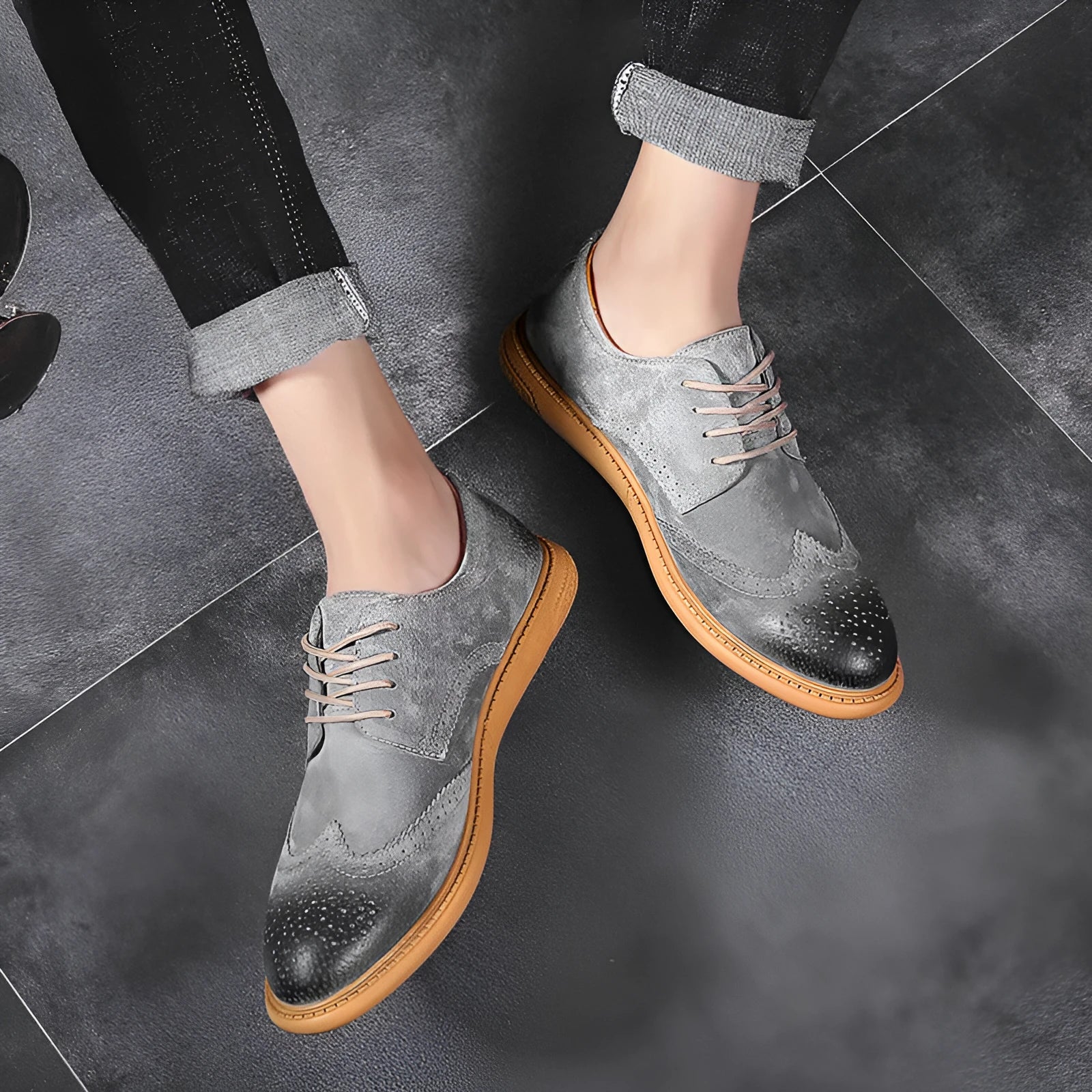 Men's black genuine leather low-top business shoes with lace-up front and rubber sole.