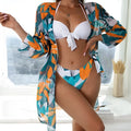Women's three-piece mesh split bikini swimsuit with matching cover-up coat in quick-drying polyester fabric