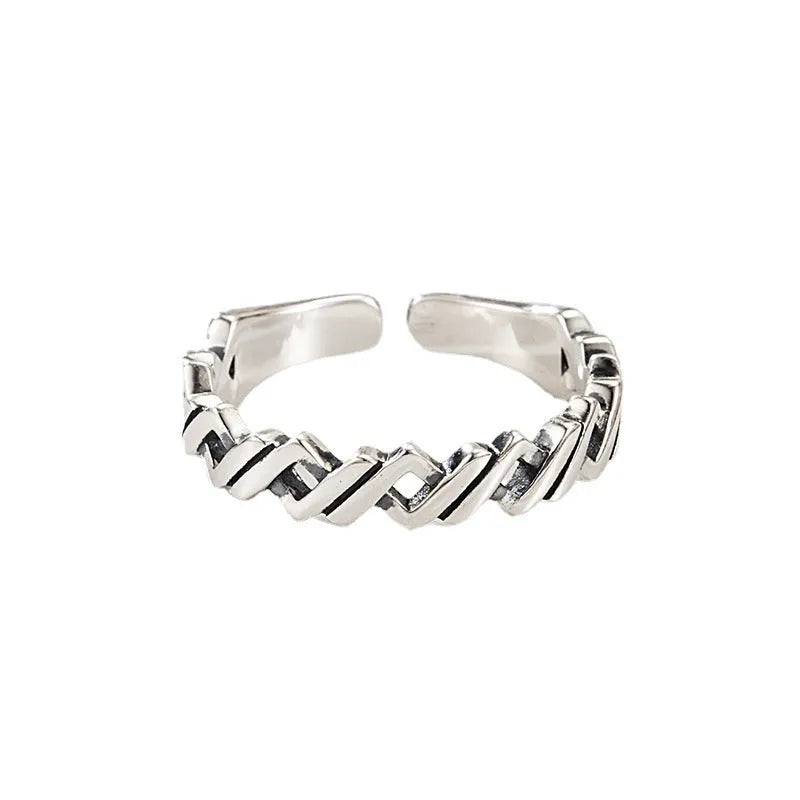 925 silver winding braided adjustable hip hop ring with geometric design silver colour