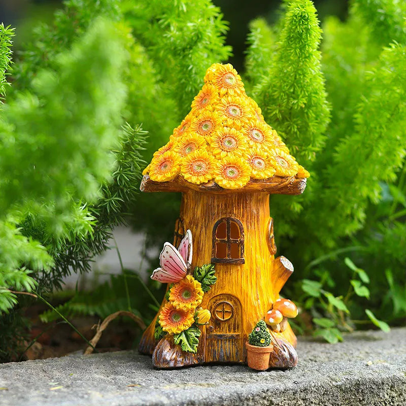 Hand-painted resin solar lamp decoration in tree house shape for outdoor garden lawn