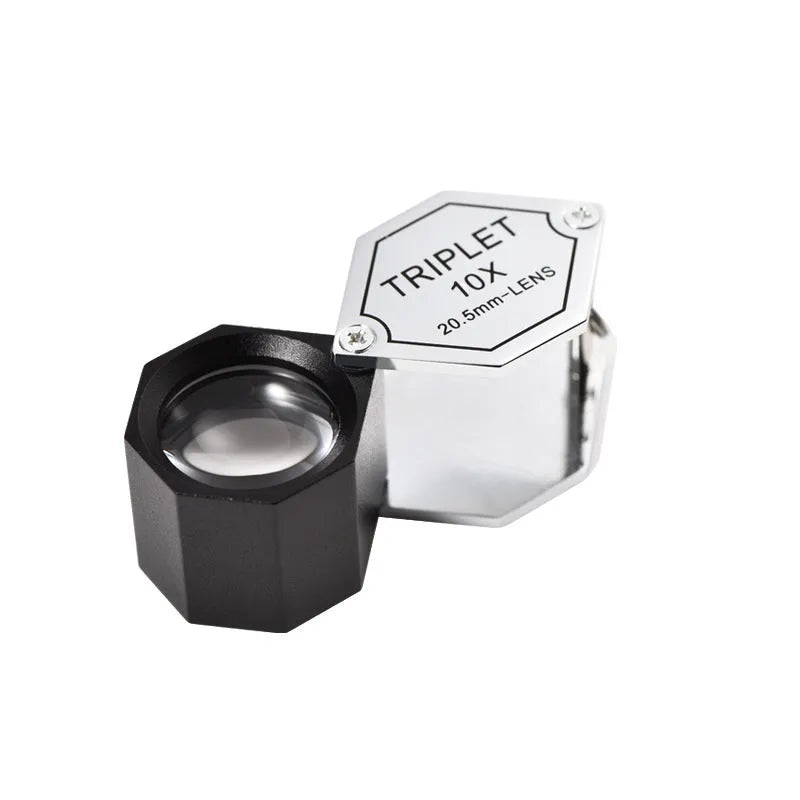 Handheld portable magnifying glass with metal housing and optical glass lens for jewellery inspection