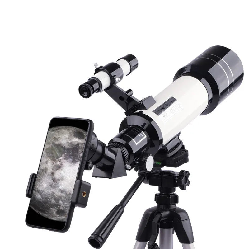 Children's dark blue astronomical telescope with tripod showing 16X-66X magnification
