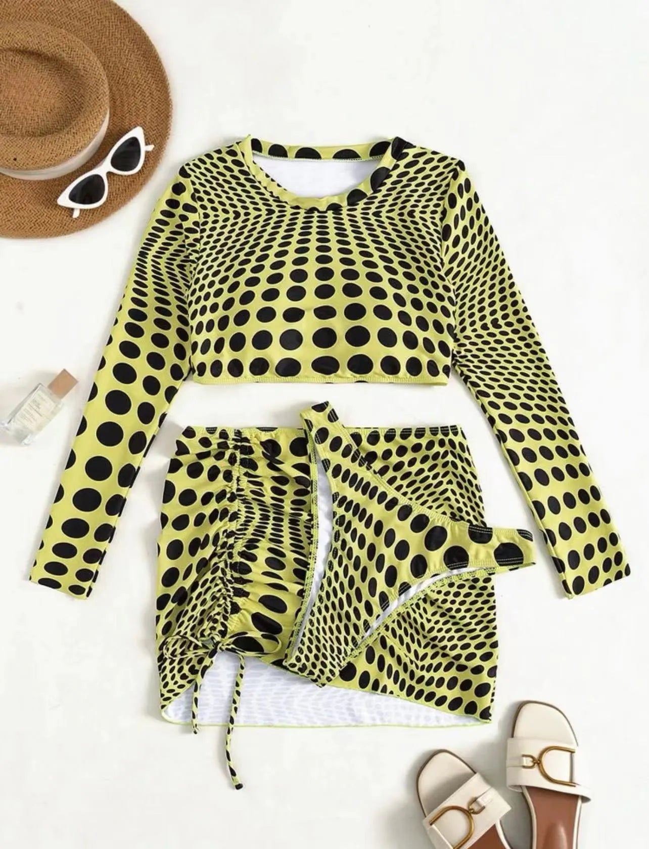 Women's polka dot swimsuit three-piece set in green and yellow with polyester fabric