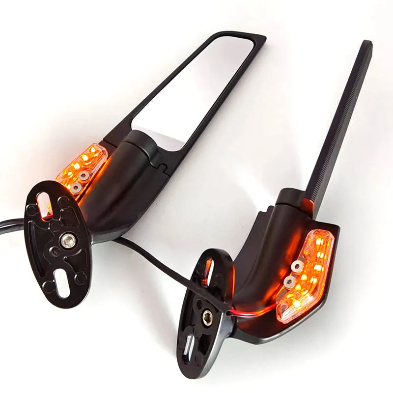 Pair of yellow-reflector aluminium alloy motorcycle rearview mirrors with convex lenses.