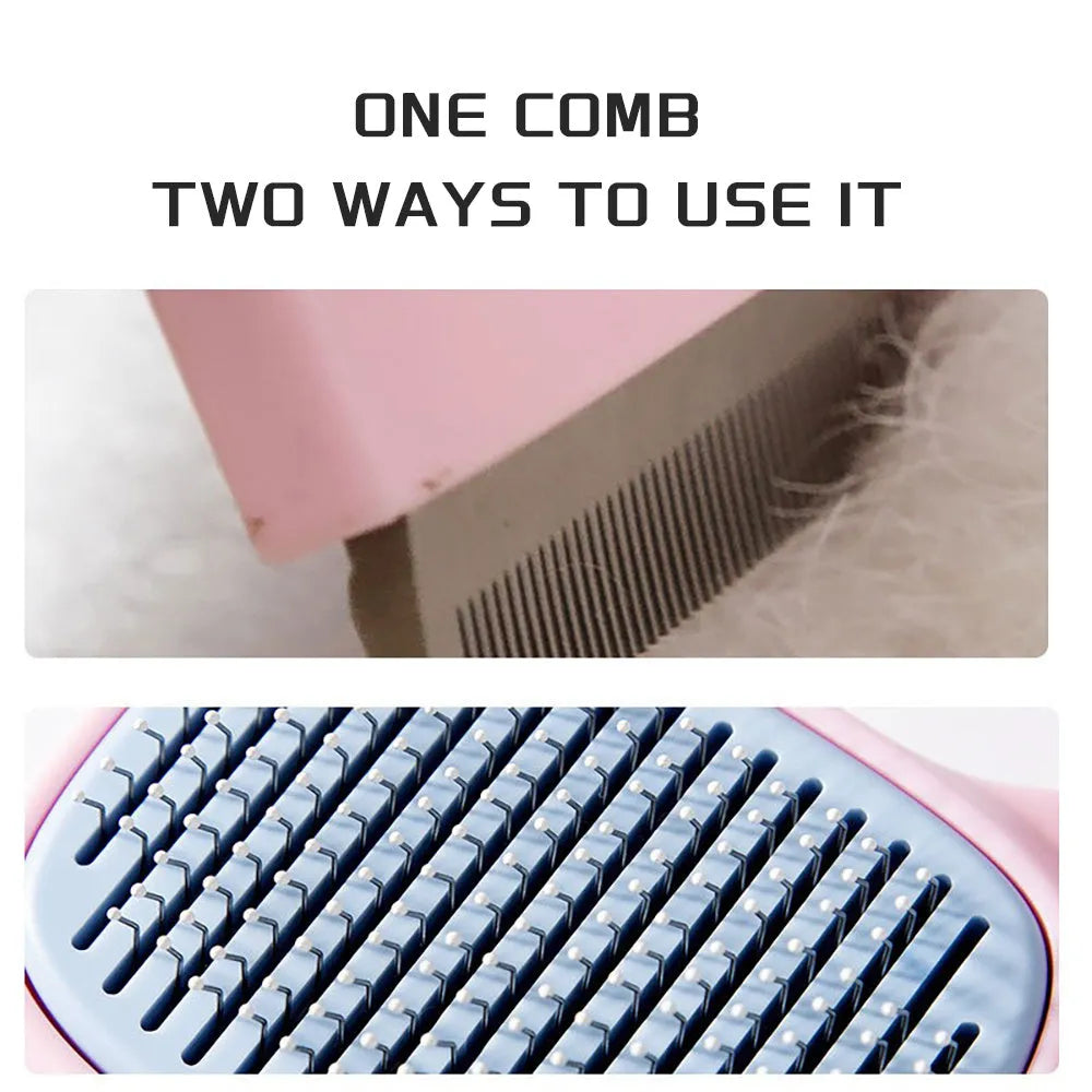Blue double-sided pet grooming brush with deshedding rake and dematting comb on a white background.