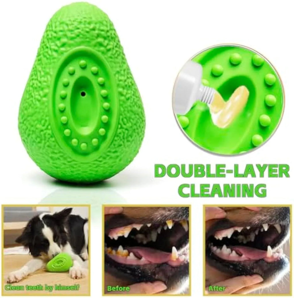 Green natural rubber dog chew toy with textured avocado design for aggressive chewers