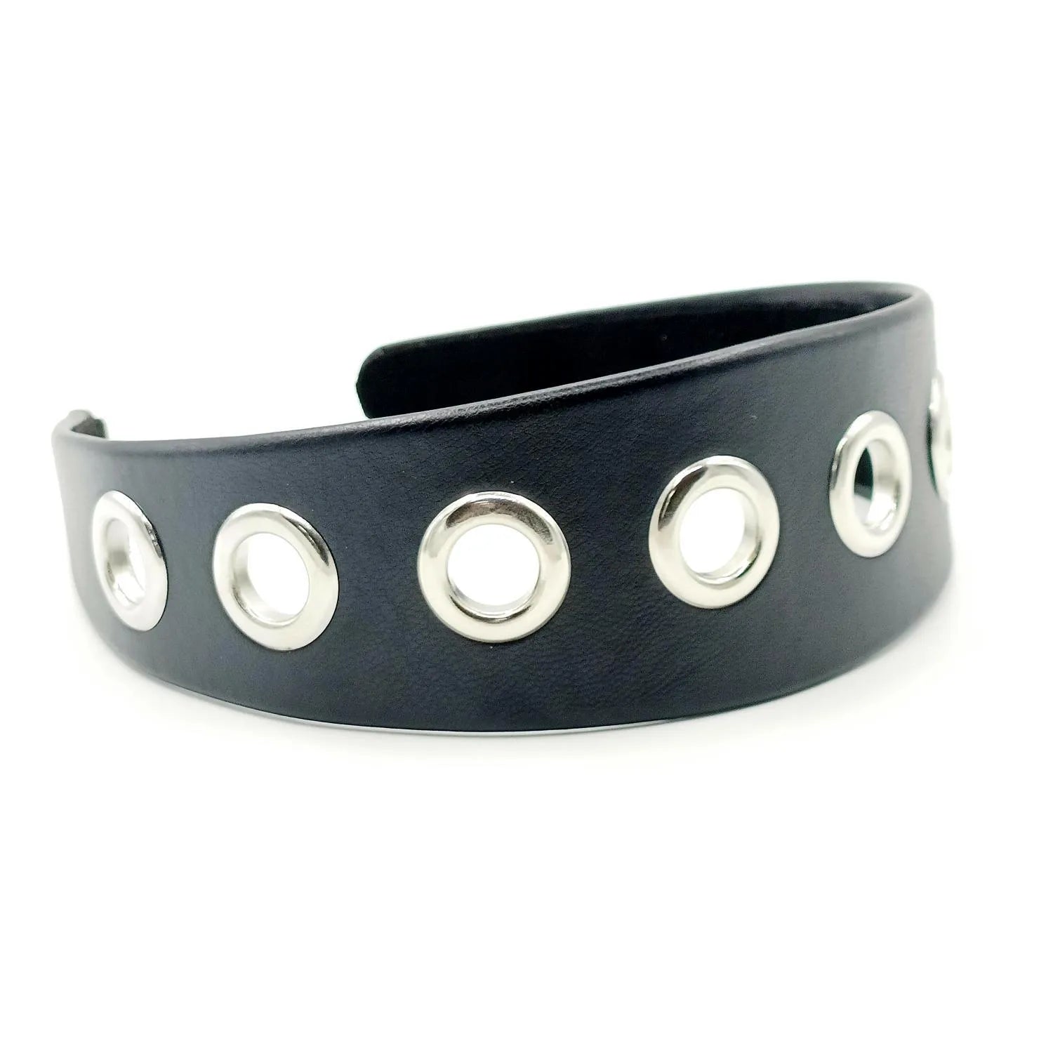 Black handmade artificial leather wide headband with punk style round and square rivets