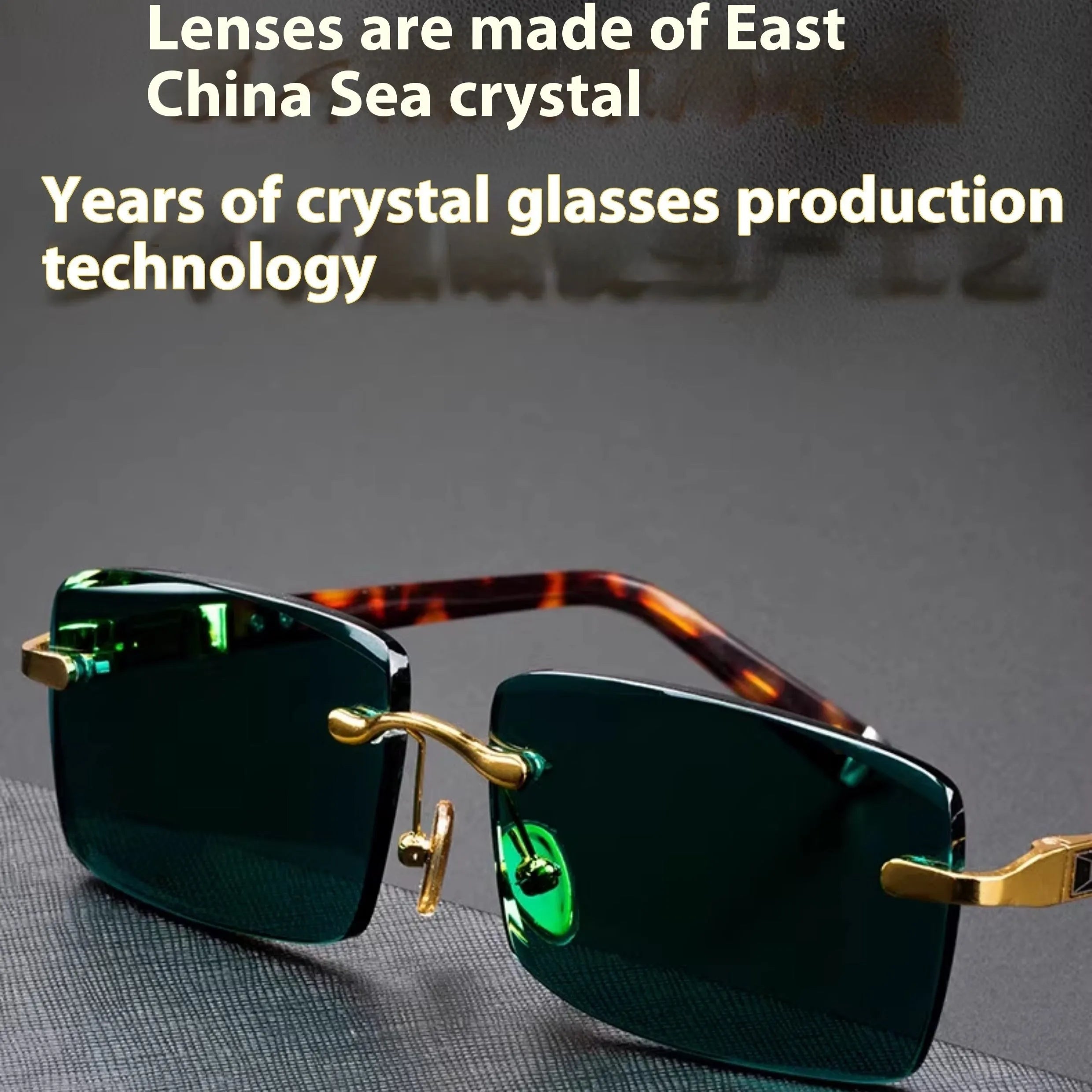 Frameless sunglasses with dark green tinted lenses lying on a hard protective case with a microfiber cloth.