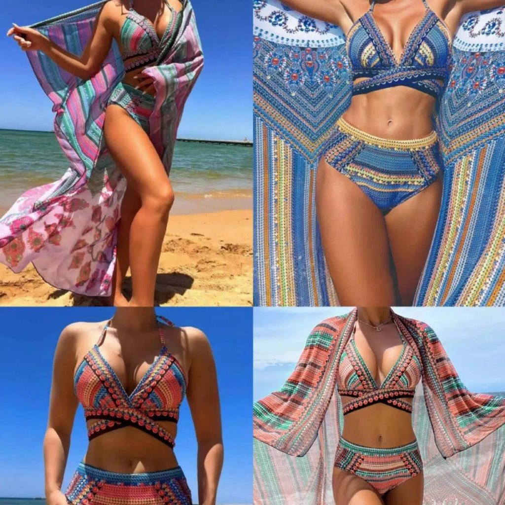 Women's three-piece cross bandage high waist swimsuit set in polyester fabric