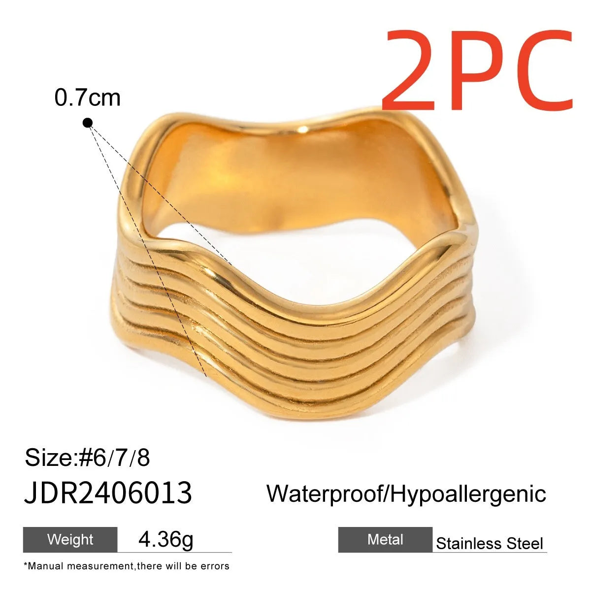 Stainless steel wide surface wave ring with geometric pattern in silver and gold tone options