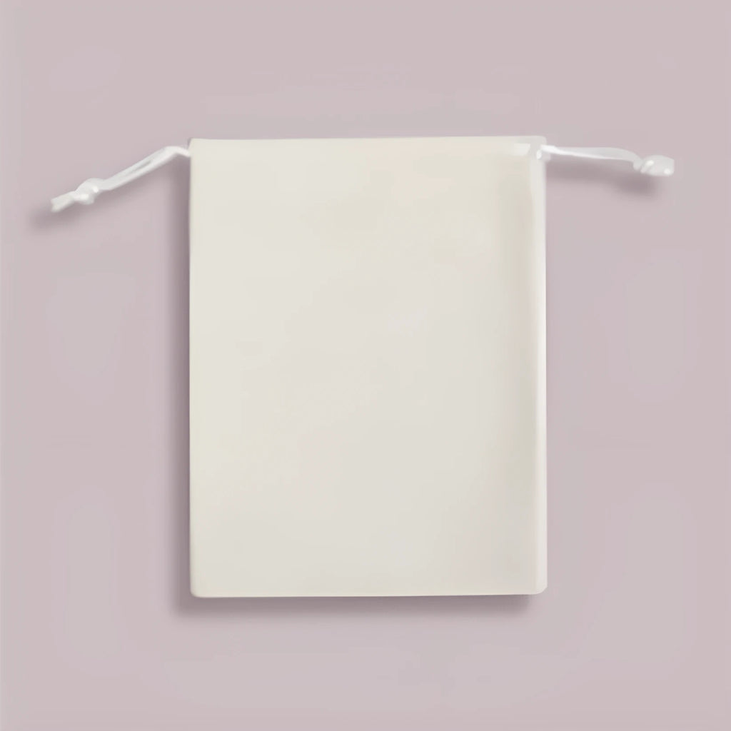 White drawstring storage bag 8x10cm fabric pouch on white background