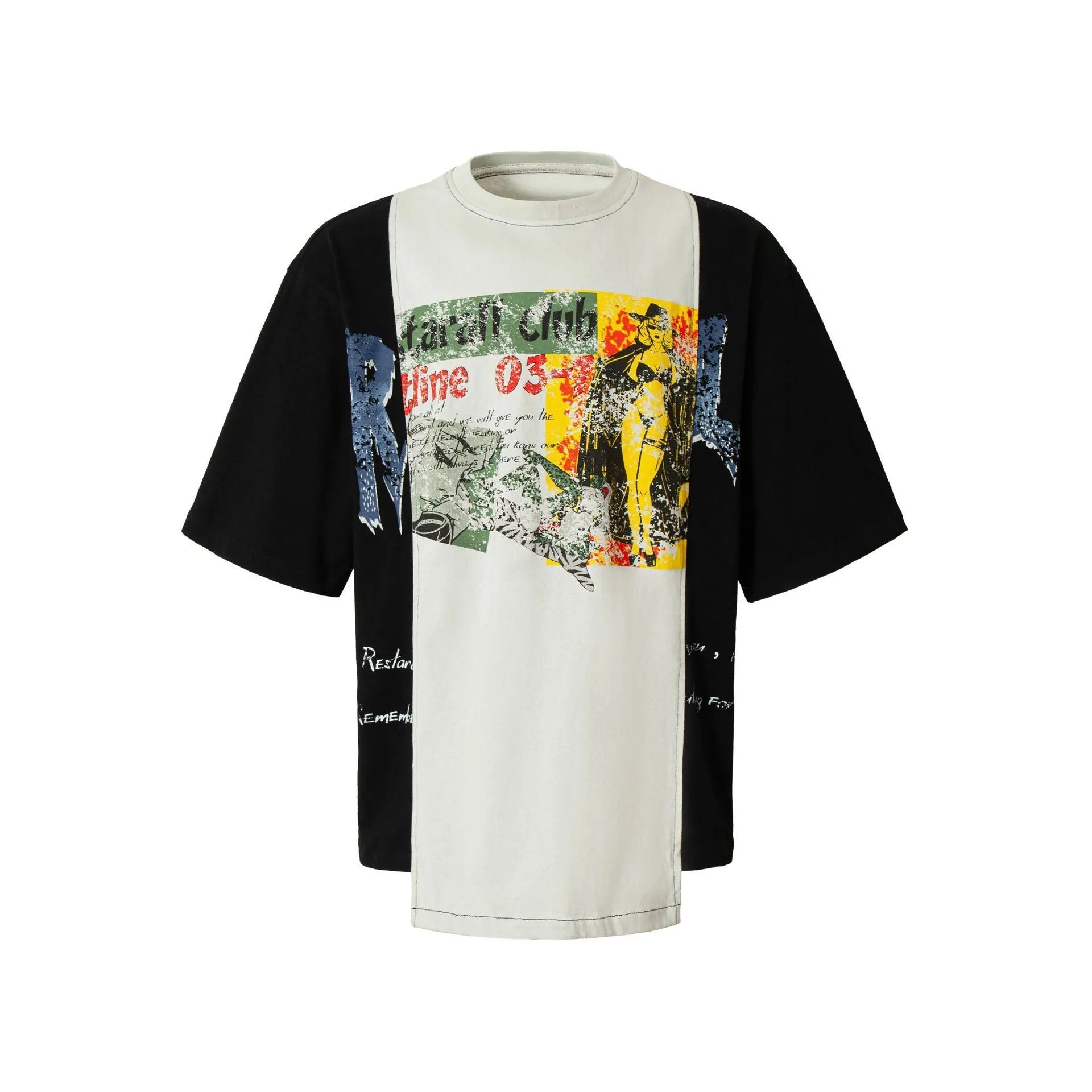 Broken collage deconstruction print T-shirt with black and white stitching, loose fit short sleeve