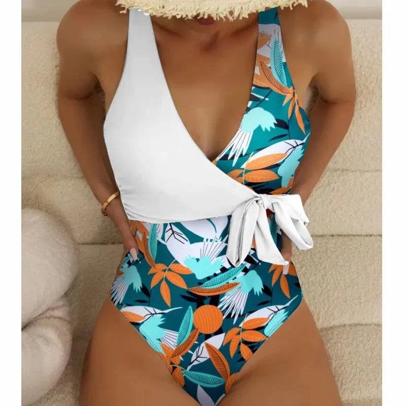 Women's high-waisted printed one-piece bikini with quick-dry lining for swimming