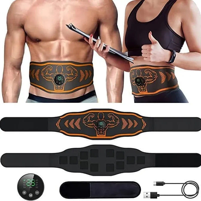 Smart EMS massage belt fitness equipment with rechargeable host unit, belt and arm straps in blue colour
