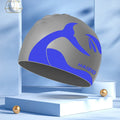 Silicone swim cap with whale tail pattern and moulded ear protectors in a choice of colours.