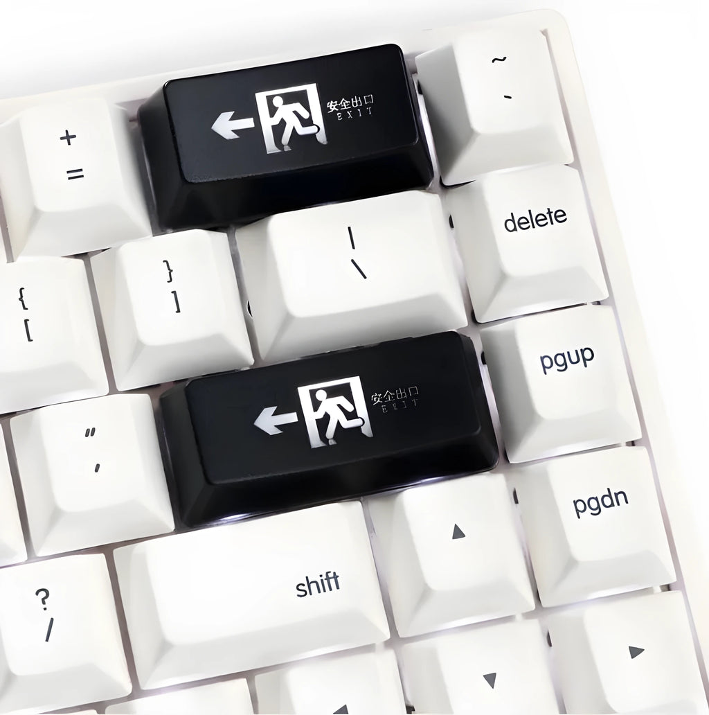 Red safety evacuation exit key cap on a keyboard, backspace style