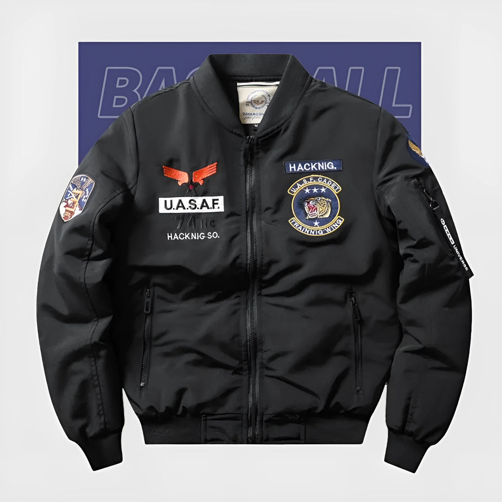 Men's slim-fit stand collar motorcycle coat in retro embroidery style with patch pockets