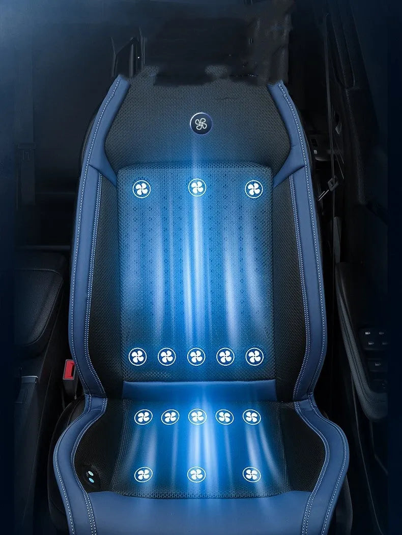 Black car seat cooling pad with USB cable connected to 12V adapter on minimalist solid-colour cushion
