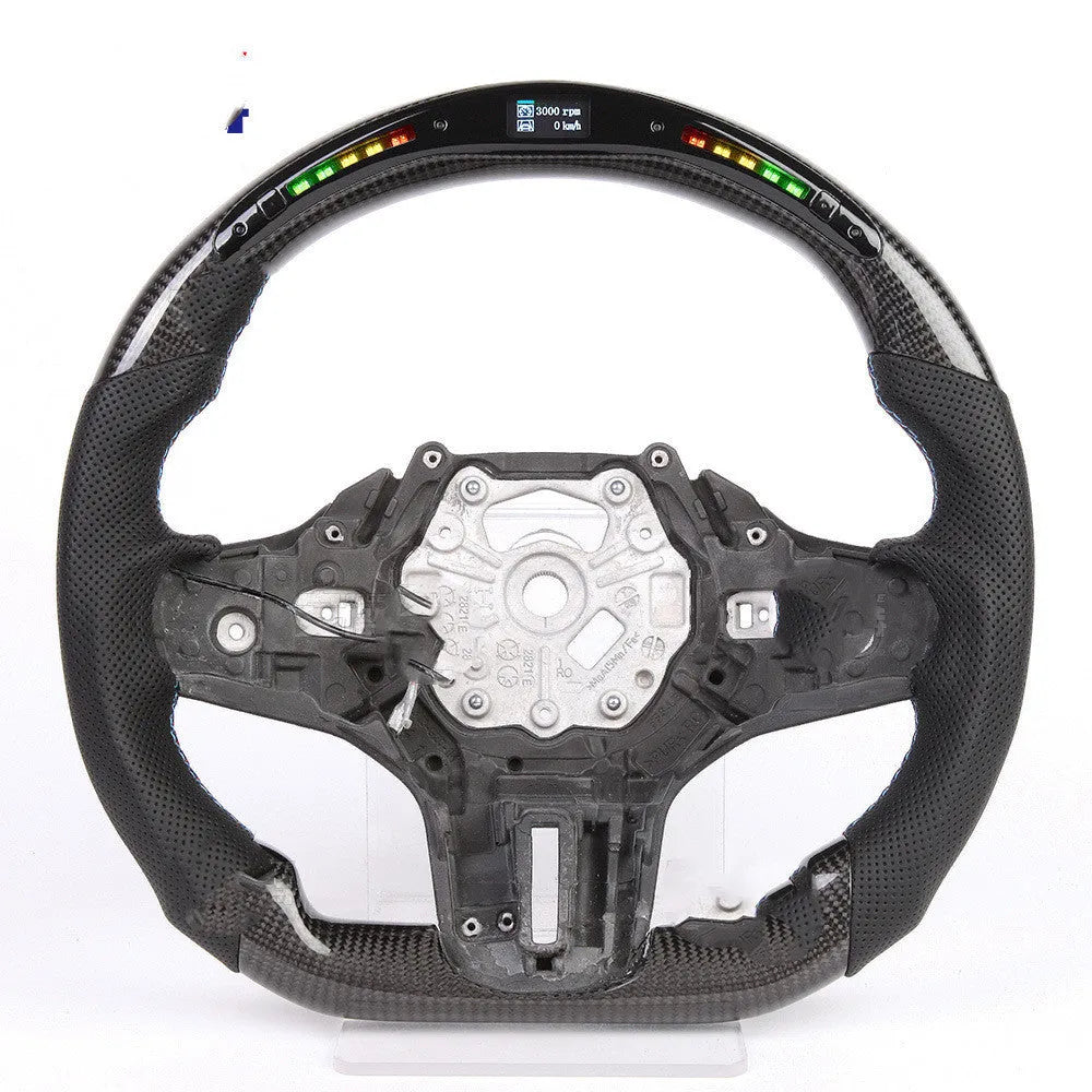 Black carbon fibre BMW steering wheel with LED lights and heating controls